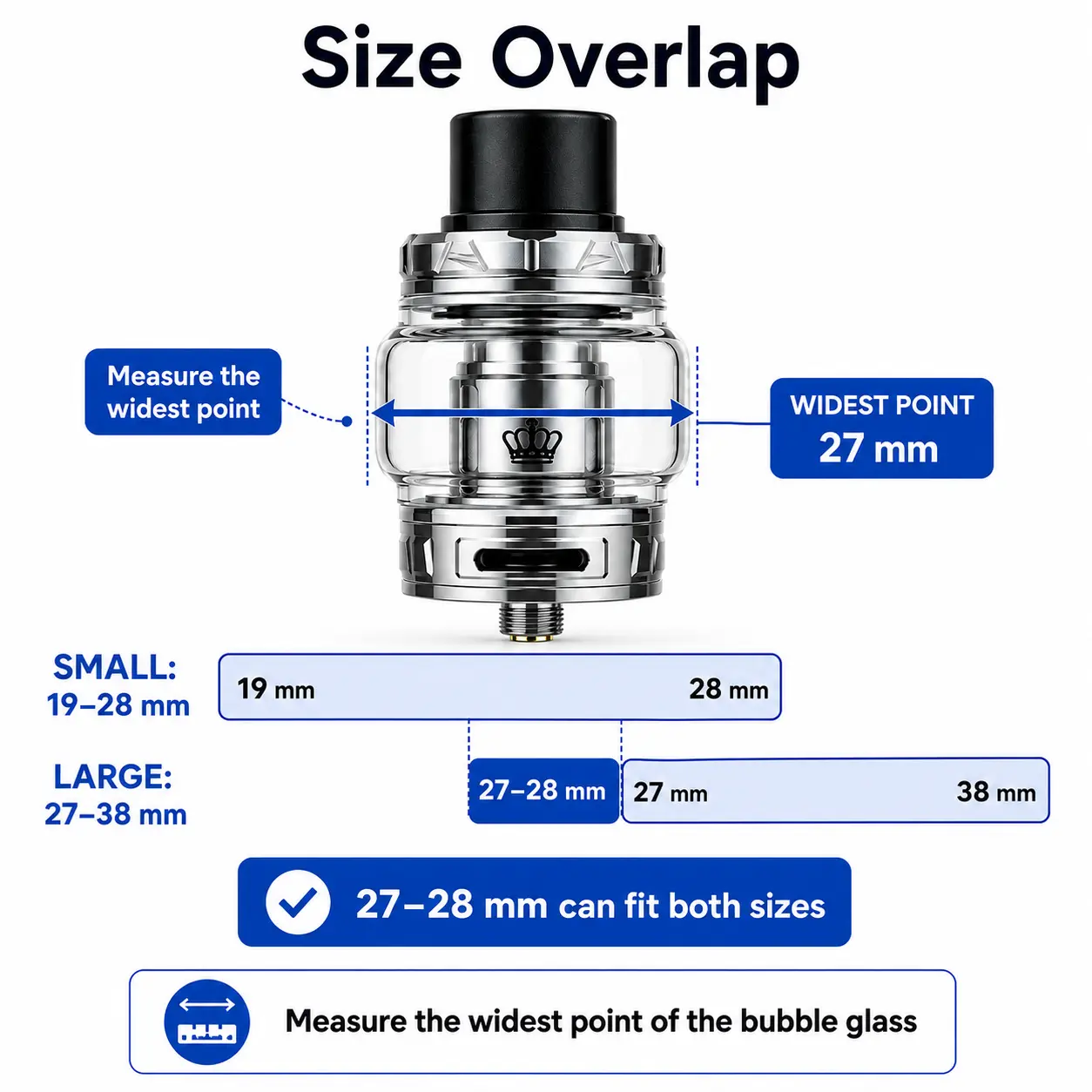 Hellvape Vape Tank compatibility — VapeGuard Standard 19 to 28 mm and Large 27 to 38 mm measuring guide